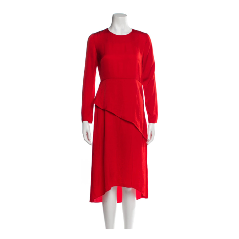 MAJE Remania satin tiered a-line long sleeve crew neck red dress